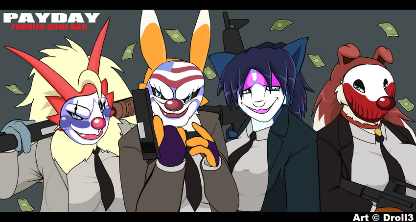 anthro armed bank_robbery banknote black_bars business_suit clothing clown_mask female group gun holding_object holding_weapon mask money ranged_weapon reloading robbers shotgun submachine_gun suit weapon droll3 bandai_namco digimon nintendo payday payday_(series) payday_2 pokemon road_rovers star_fox colleen_(road_rovers) krystal_(star_fox) avian bird blaziken canid canine canis digimon_(species) domestic_dog fox generation_3_pokemon mammal pokemon_(species) renamon crossover letterbox