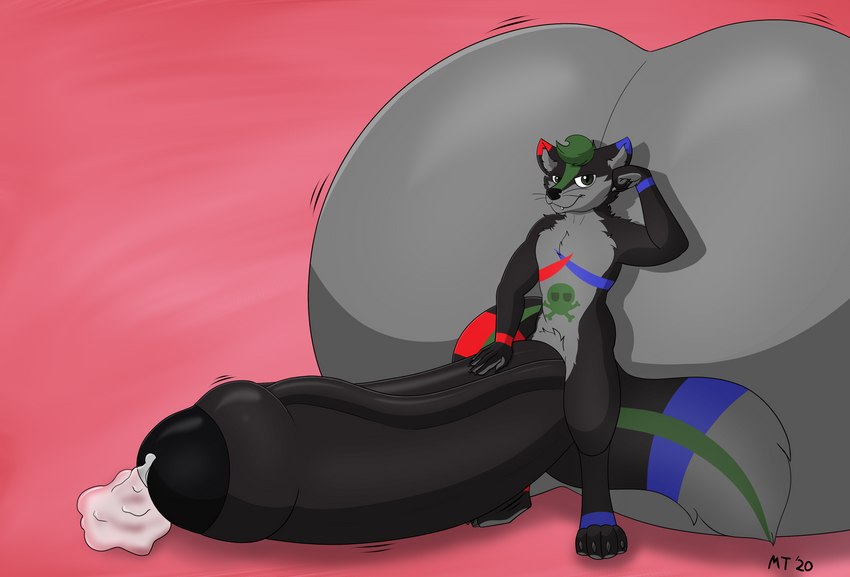 anthro balls big_balls big_penis black_body black_fur black_nose black_penis bodily_fluids foreskin fur genital_fluids genitals green_eyes green_hair hair hand_on_penis huge_balls huge_penis hyper hyper_balls hyper_genitalia hyper_penis leaking_precum male markings narrowed_eyes penis precum skull_(marking) solo tail sudsypup skunkor mammal mephitid skunk 2020 absurd_res digital_drawing_(artwork) digital_media_(artwork) hi_res