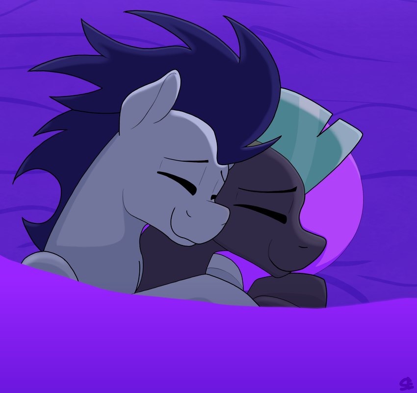 bed blue_body blue_mane cuddling duo eyebrows eyes_closed feral furniture grey_body male male/male mane on_bed pillow purple_bed purple_pillow sleeping smile spooning under_covers wings sefastpone friendship_is_magic hasbro my_little_pony mythology soarin_(mlp) thunderlane_(mlp) wonderbolts_(mlp) equid equine horse mammal mythological_creature mythological_equine pegasus pony 2022 absurd_res digital_media_(artwork) hi_res