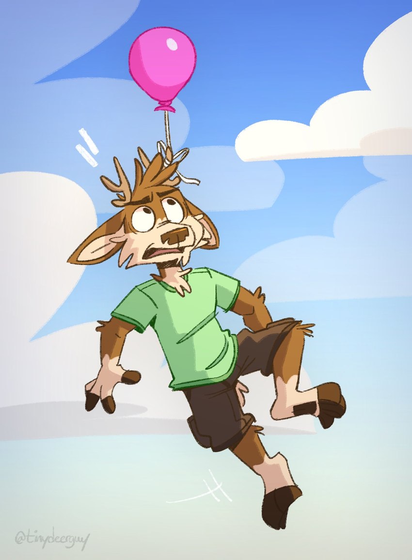 anthro antlers attached_to_balloon balloon balloon_support blue_sky bottomwear brown_body brown_fur brown_nose cargo_shorts clothing cloud fur green_clothing green_shirt green_t-shirt green_topwear hanging_from_balloon horn inflatable inflatable_support khaki-pants lifting looking_up male open_mouth pink_balloon shirt shocked shorts sky solo t-shirt tan_body tan_fur tongue_showing topwear tinydeerguy darwin_(tinydeerguy) deer mammal hi_res signature