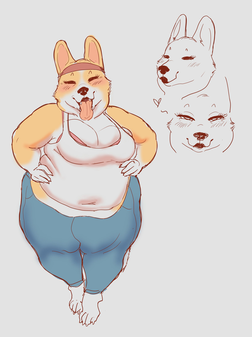 4_fingers 4_toes accessory anthro arms_bent bare_shoulders barefoot bedroom_eyes big_breasts biped black_eyebrows black_lipstick black_nose blue_bottomwear blue_clothing blue_pants blush blush_lines blushing_profusely bottomwear bra breasts cheek_tuft claws closed_smile clothed clothed_anthro clothed_female clothing curved_eyebrows eyebrows eyelashes eyes_closed facial_tuft fangs feet female finger_claws fingers fully_clothed fully_clothed_anthro fully_clothed_female fur fur_tuft grey_background grey_heart half-closed_eyes headband heart_symbol humanoid_hands iris light_body light_fur lipstick long_eyelashes looking_at_viewer makeup mature_anthro mature_female monotone_background mouth_closed multicolored_body multicolored_fur narrowed_eyes navel_outline obese obese_anthro obese_female open_mouth open_smile overweight overweight_anthro overweight_female pants pink_blush pink_bra pink_clothing pink_headband pink_inner_ear pink_tongue pink_underwear plantigrade pointy_ears pose prick_ears seductive shirt simple_background smile smiling_at_viewer snout solo standing tan_body tan_ears tan_fur tank_top teeth thin_eyebrows toe_claws toes tongue tongue_out topwear tuft two_tone_body two_tone_fur underwear white_body white_breasts white_claws white_clothing white_fur white_shirt white_tank_top white_topwear icandoodle canid canine canis domestic_dog mammal 2026 3:4 absurd_res digital_drawing_(artwork) digital_media_(artwork) hi_res