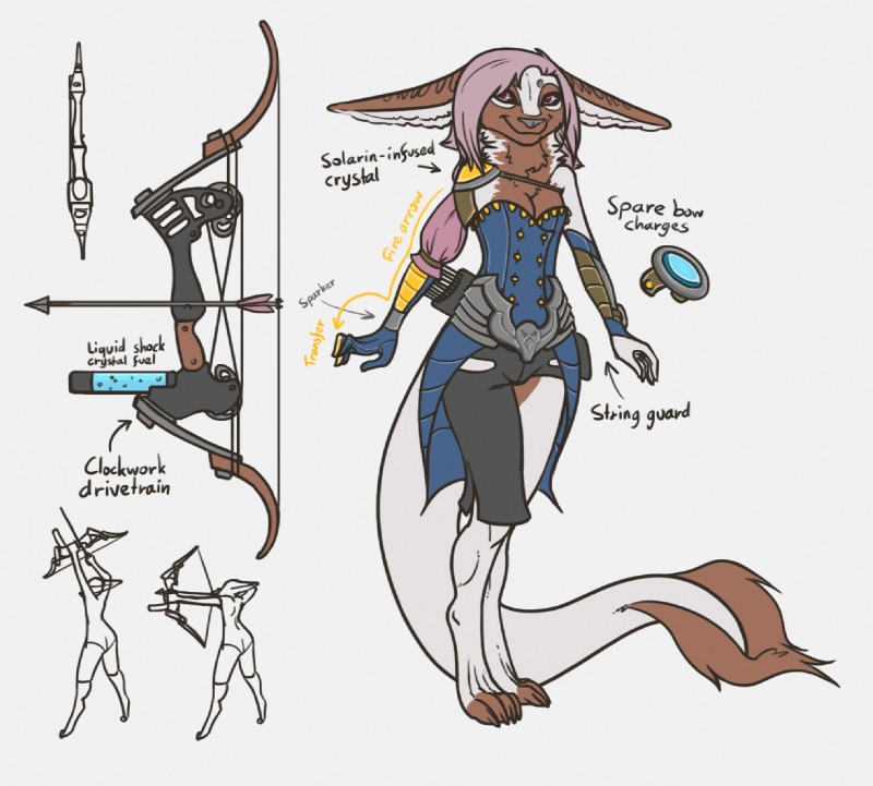 anthro archery armor arrow_(weapon) black_sclera bow_(weapon) brown_body brown_fur clockpunk clothed clothing compound_bow digitigrade female fur hair long_ears pink_eyes pink_hair ranged_weapon side_view solo text weapon feretta tale_of_tails deadeye_bow meeka_rose dra'essa digital_media_(artwork) english_text flat_colors model_sheet