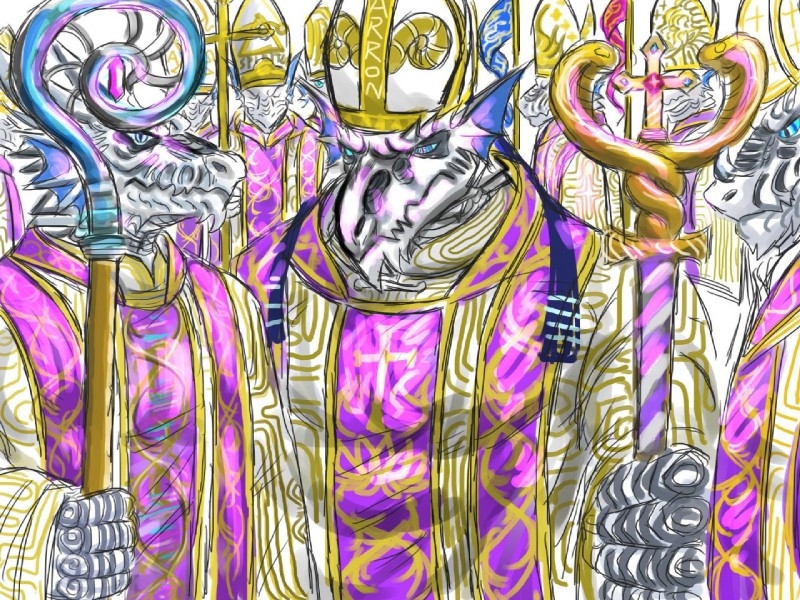 anthro blue_eyes caduceus cane cleric clothed clothing cross duo_focus group pope priest religion robe scepter yad european_mythology mythology dragon mythological_creature mythological_scalie reptile scalie snake western_dragon 4:3 colorful_theme