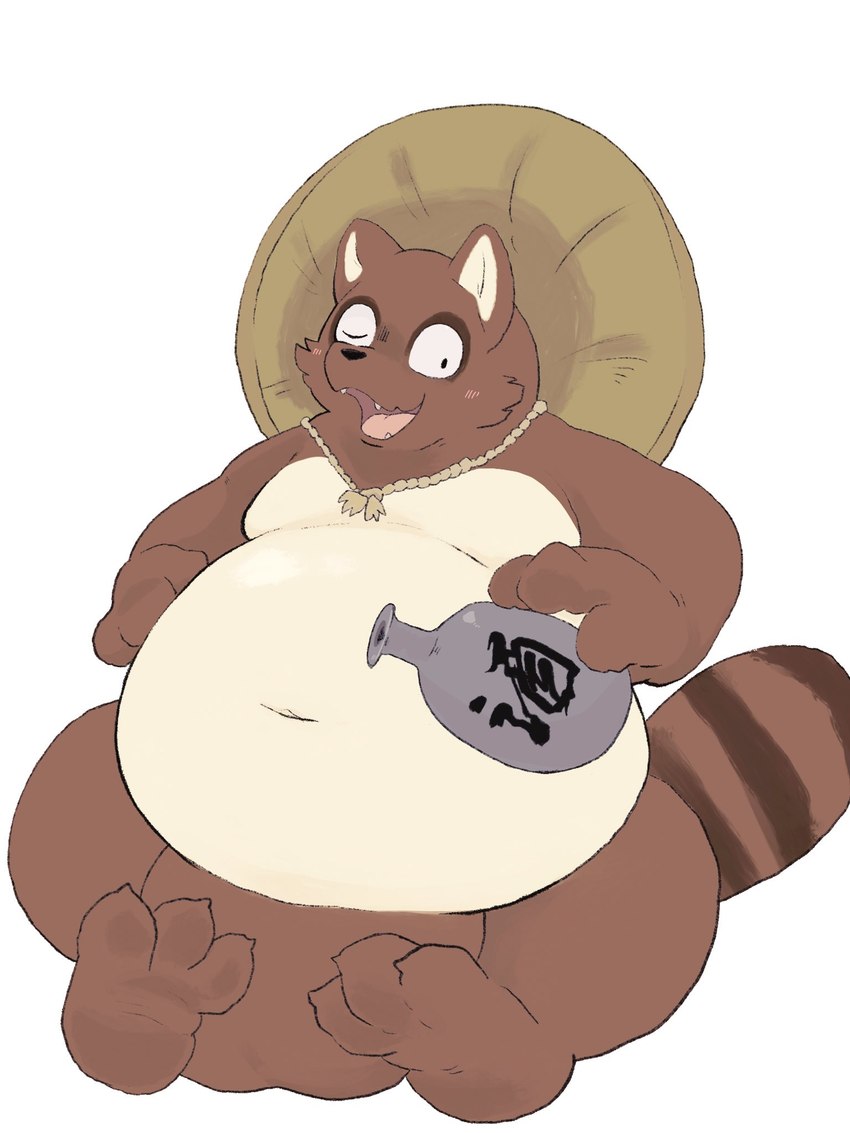 alcohol anthro balls belly beverage big_balls big_belly blush genitals kemono male moobs navel one_eye_closed overweight overweight_male sake sake_bottle sitting solo text wink tinntira canid canine mammal raccoon_dog tanuki 2022 3:4 hi_res japanese_text translated