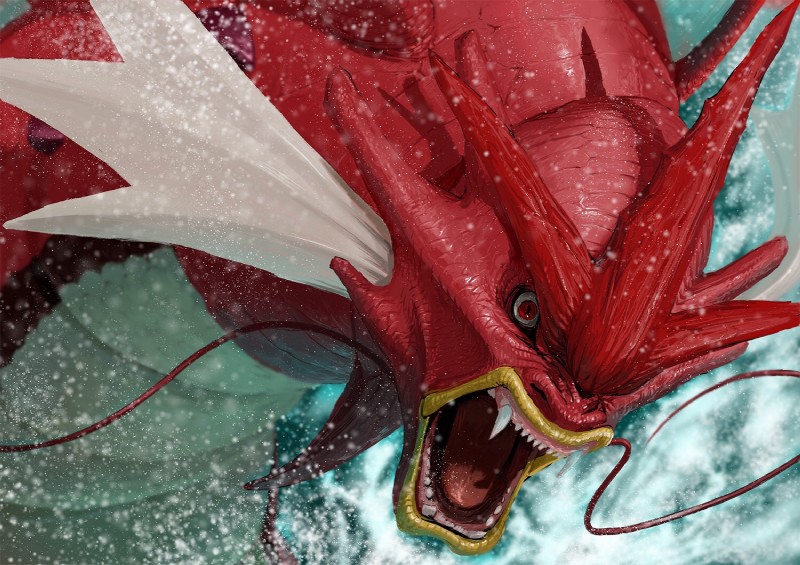 ambiguous_gender feral realistic red_body red_eyes red_skin snarling solo teeth water dekunobou-kizakura nintendo pokemon generation_6_pokemon mega_evolution mega_gyarados pokemon_(species) shiny_pokemon