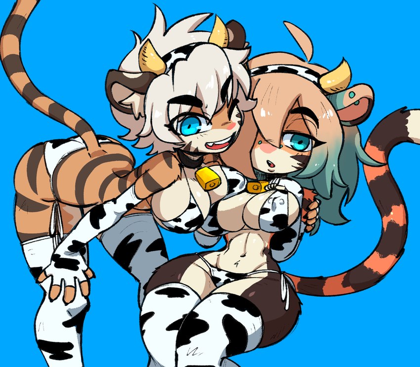 5_fingers animal_print animal_print_bikini animal_print_thigh_highs anthro arm_around_shoulders armwear big_breasts bikini bikini_bottom bikini_top black_eyebrows blue_background blue_eyes breasts clothed clothed_anthro clothed_female clothing cow_print cow_print_armwear cow_print_bikini cow_print_elbow_gloves cow_print_thigh_highs cowbell cowbell_collar duo ear_piercing elbow_gloves eye_through_hair eyebrow_through_hair eyebrows facial_piercing fake_cow_horns fake_horns female female_anthro fingers fur gloves hair hair_over_eye hand_on_another's_shoulder hand_on_shoulder handwear highlights_(coloring) inner_ear_fluff legwear light_hair looking_at_viewer markings navel nipple_outline nipple_piercing nipples one_eye_closed open_mouth open_smile orange_body orange_fur pattern_bikini pattern_clothing pattern_legwear pattern_swimwear pattern_thigh_highs piercing pink_nose simple_background small_waist smile striped_body striped_fur striped_legs striped_markings striped_tail stripes swimwear tail tail_markings thick_eyebrows thigh_highs translucent translucent_hair tuft two-piece_swimsuit jellotsok felid mammal pantherine tiger 2021 digital_drawing_(artwork) digital_media_(artwork) hi_res