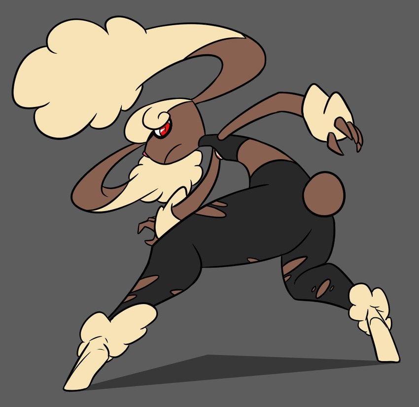 action_pose anthro bent_over brown_body brown_fur butt clothing cotton_tail female fur grey_background legwear long_ears looking_at_viewer looking_back mega_stone pantyhose pose red_eyes simple_background solo torn_clothing torn_legwear torn_pantyhose nerdyreindeer nintendo pokemon generation_6_pokemon mega_evolution mega_lopunny pokemon_(species)