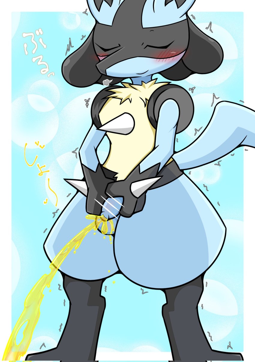 anthro blue_background bodily_fluids bubble censored_genitalia censored_penis eyes_closed flaccid foreskin genital_fluids genitals holding_penis male onomatopoeia peeing penis shaking simple_background smile solo sound_effects text tight_foreskin trembling urine queen_kemono nintendo pokemon generation_4_pokemon lucario pokemon_(species) censored hi_res