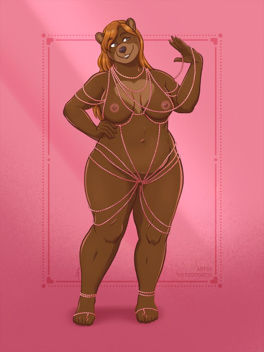 anthro big_breasts breasts brown_body brown_fur female front_view fur gem jewelry muffin_top nipples nude orange_body orange_fur pearl_(gem) slightly_chubby smile solo standing thetiedtigress lauren_de_la_vojeto bear mammal 3:4 hi_res