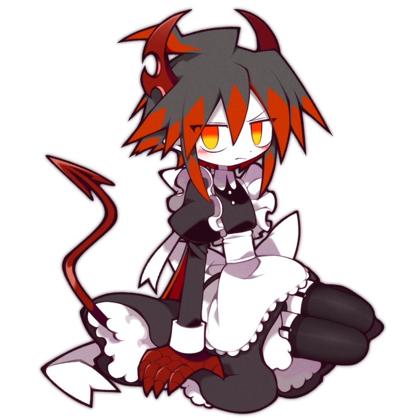 ahoge black_clothing black_hair black_legwear black_stockings blush claws clothed clothing femboy garter_straps hair highlights_(coloring) horn humanoid_pointy_ears kneeling legwear looking_at_viewer maid_apron maid_uniform male not_furry pointy_ears red_claws red_highlights red_horn red_tail simple_background solo spade_tail stockings tail uniform white_background white_body white_skin yellow_eyes funamusea_(artist) deep_sea_prisoner funamusea the_gray_garden ivlis demon demon_humanoid humanoid