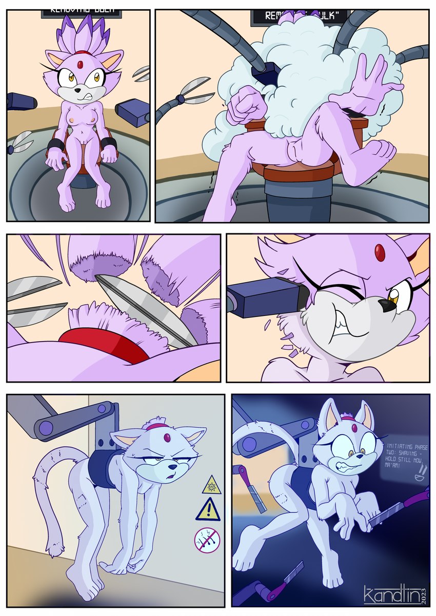 alarmed anthro autocloset barefoot breasts clippers feet female forced_shaving forehead_gem fur gem genitals nipples nude purple_body purple_fur pussy razor restrained restraints robotic_arm shaved_fur shaver shaving shaving_cream solo spread_legs spreading tools undercoat kandlin lord-enemil sega sonic_the_hedgehog_(series) blaze_the_cat domestic_cat felid feline felis mammal 2023 comic hi_res