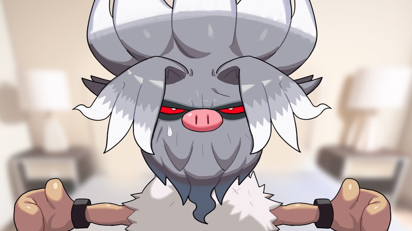 blurred_background bodily_fluids fur grey_body grey_fur grey_hair hair looking_at_viewer narrowed_eyes pink_nose red_sclera sweat sweatdrop drunk_oak nintendo pokemon annihilape generation_1_pokemon generation_9_pokemon pokemon_(species) primeape 16:9 2023 hi_res widescreen