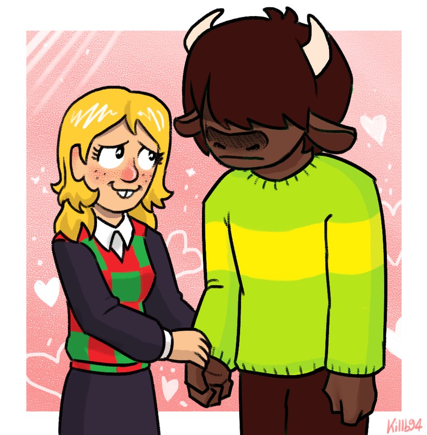 alternate_species anthro blonde_hair brown_body brown_fur clothed clothing duo female fur furrification hair heart_symbol humanized male male/female killb94_(artist) deltarune undertale_(series) kris_(deltarune) noelle_holiday bison bovid bovine human mammal