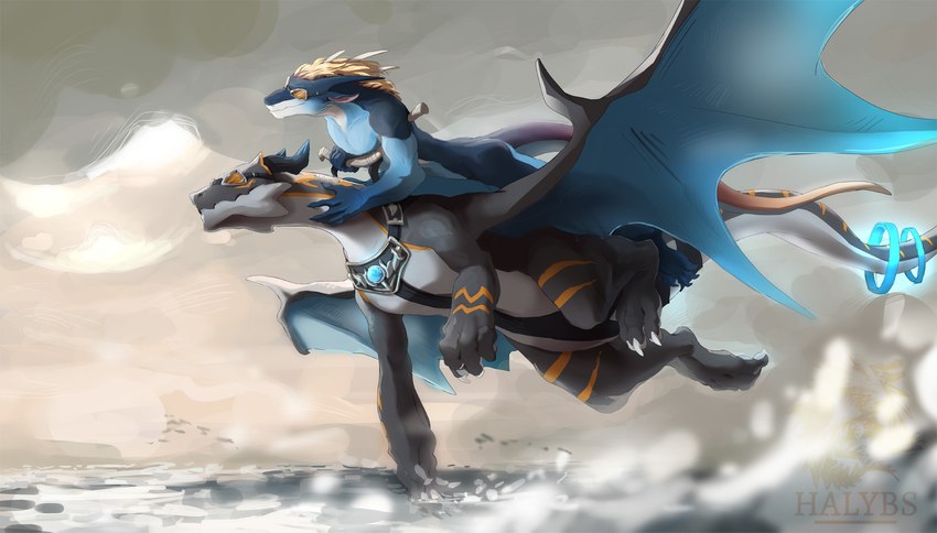 accessory anthro biped blue_body blue_skin claws flying furgonomics quadruped raining sea spray tail tail_accessory water katsuka mythology teryx katsuka_(character) teryx_commodore dragon mythological_creature mythological_scalie scalie hi_res