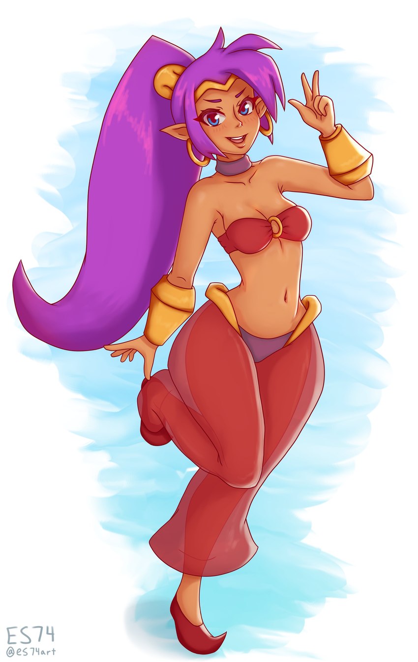 blue_eyes breasts brown_body brown_skin clothing ear_piercing ear_ring female footwear hair humanoid_pointy_ears long_hair looking_at_viewer navel not_furry open_mouth open_smile piercing pointy_ears ponytail purple_hair ring_piercing shoes smile solo es74 shantae_(series) wayforward shantae genie humanoid absurd_res hi_res signature