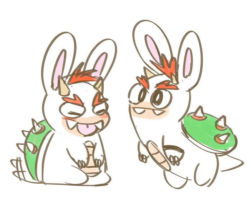 2_fingers anthro black_eyes claw_fingers claws closed_smile eyebrows eyes_closed fangs featureless_feet feet fingers green_shell hair horn long_ears male male_anthro motion_lines mouth_closed noseless orange_eyebrows orange_hair pink_inner_ear pupils scales shell short_hair short_horn simple_background sitting small_horn smile solo spiked_shell spikes spikes_(anatomy) standing tail tail_motion tailwag tan_body tan_horn tan_scales teeth thick_eyebrows tongue tongue_out white_background white_claws white_pupils white_tail robotic_pastries mario_bros mario_plus_rabbids_kingdom_battle nintendo raving_rabbids rayman_(series) ubisoft bwahser_jr. fan_character hybrid koopa lagomorph mammal rabbid scalie 2018 crossover digital_drawing_(artwork) digital_media_(artwork) english_description flat_colors multiple_scenes sketch_page