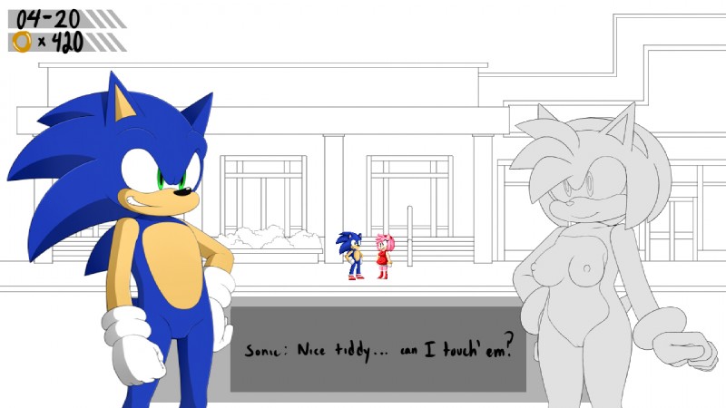 anthro areola big_eyes breasts clothing duo eye_contact female genitals gloves handwear looking_at_another male mostly_nude nipples outside pussy standing thin_calves thin_legs thin_thighs toony jammiez sega sonic_the_hedgehog_(series) amy_rose sonic_the_hedgehog eulipotyphlan hedgehog mammal 16:9 partially_colored widescreen