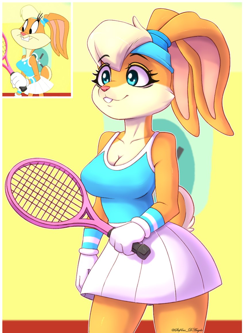 accessory anthro blonde_hair blue_clothing blue_eyes blue_topwear bottomwear breasts brown_body brown_fur buckteeth cleavage clothed clothing female fur gloves hair handwear headband holding_tennis_racket shirt simple_background skirt smile solo tank_top teeth tennis_racket topwear white_bottomwear white_clothing white_skirt stefano_d'angelo looney_tunes warner_brothers lola_bunny lagomorph leporid mammal rabbit 2022 digital_media_(artwork) hi_res