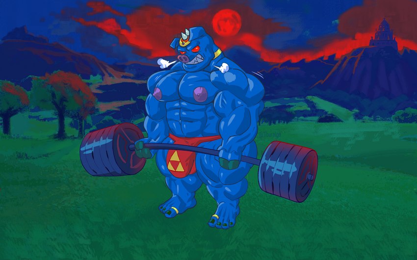 anthro big_bulge blue_body bulge clothed clothing detailed_bulge exercise headgear headwear holding_barbell holding_object hyrule_field male muscular muscular_male nipples red_eyes ring_(jewelry) solo speedo swimwear triforce triforce_symbol weightlifting weights workout tiburalgo nintendo the_legend_of_zelda ganon domestic_pig mammal suid suine sus_(pig) digital_media_(artwork) hi_res