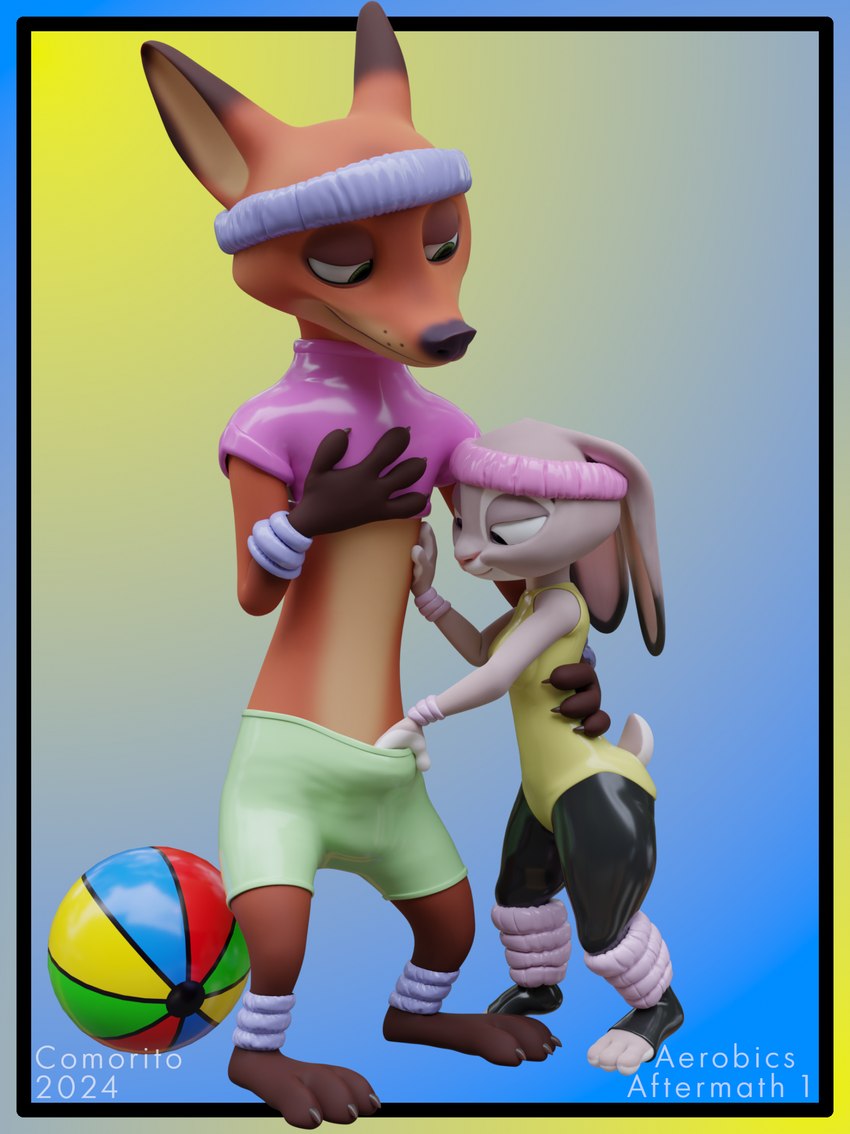 3_toes accessory aerobics anthro barefoot biped bottomwear claws clothing duo exercise exercise_ball feet female female_anthro fitness hand_in_shorts headband latex leg_warmers leggings legwear leotard male male_anthro paws plantigrade shirt shorts toeless_legwear toes topwear wristband comorito disney zootopia judy_hopps nick_wilde canid canine european_rabbit fox lagomorph leporid mammal oryctolagus rabbit red_fox true_fox 2024 3d_(artwork) artist_name blender_(artwork) digital_media_(artwork) hi_res