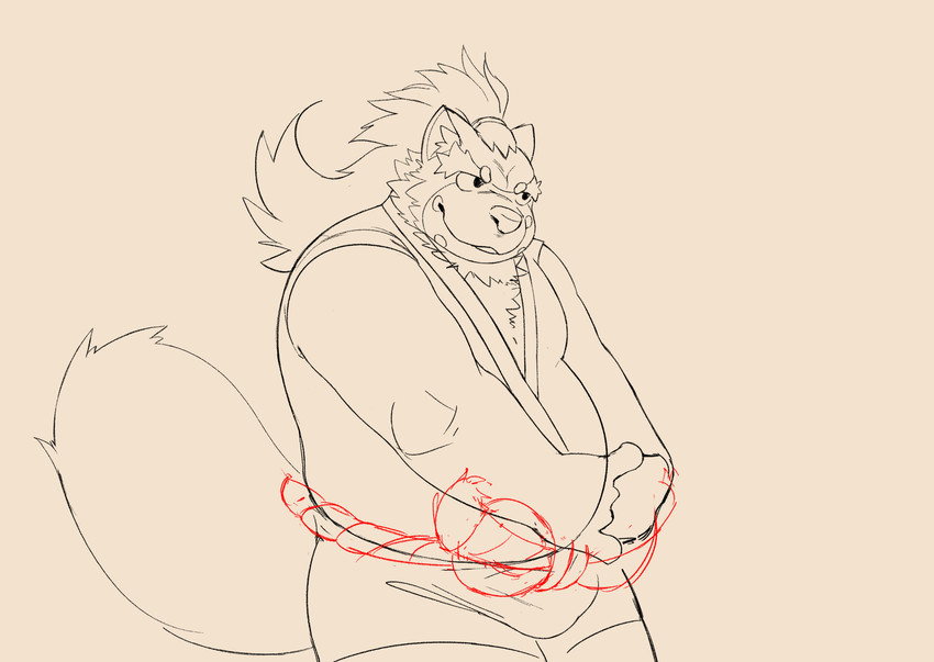 anthro asian_clothing belly clothing east_asian_clothing fundoshi fur humanoid_hands japanese_clothing male overweight overweight_anthro overweight_male solo underwear 3000vnd lifewonders tokyo_afterschool_summoners goemon_(tas) canid canine mammal raccoon_dog tanuki 2020 absurd_res hi_res sketch