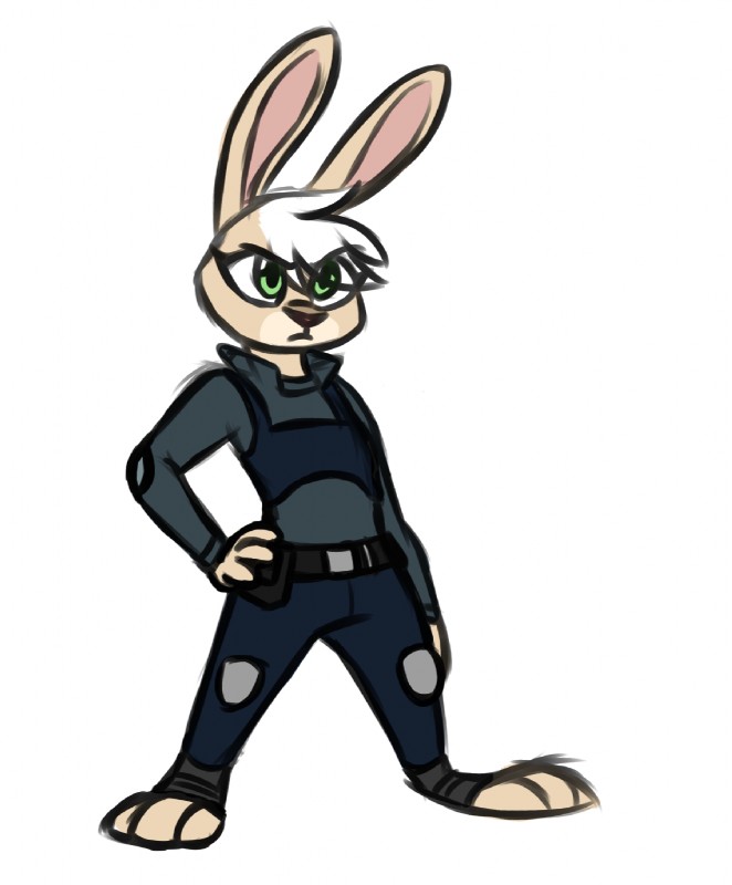 anthro clothing female green_eyes hand_on_hip head_tuft police police_uniform simple_background solo standing tuft uniform white_background skunkbutt_(artist) disney zootopia judy_hopps lagomorph leporid mammal rabbit hi_res