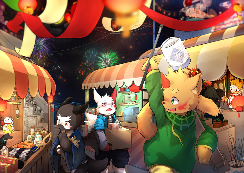 amazing_background ambiguous_gender anthro biped black_body black_hair black_scales blue_clothing blue_shirt blue_topwear clothed clothing collar detailed_background facial_markings fireworks fully_clothed fur glass green_clothing green_eyes green_shirt green_topwear group hair head_markings holding_object holidays horn kemono lamp lantern looking_at_another male markings mask membrane_(anatomy) membranous_wings night open_mouth open_smile outside paper_lantern plant plant_pot plushie potted_plant red_body red_eyes red_fur scales sea seaside shirt sky smile spiked_collar spikes stairs standing store tail topwear water white_body white_fur wings yellow_body yellow_fur mrshu chinese_new_year maneki-neko mythology nintendo pokemon bovid caprine dragon felid feline generation_3_pokemon mammal mythological_creature mythological_scalie pokemon_(species) scalie zangoose absurd_res detailed hi_res