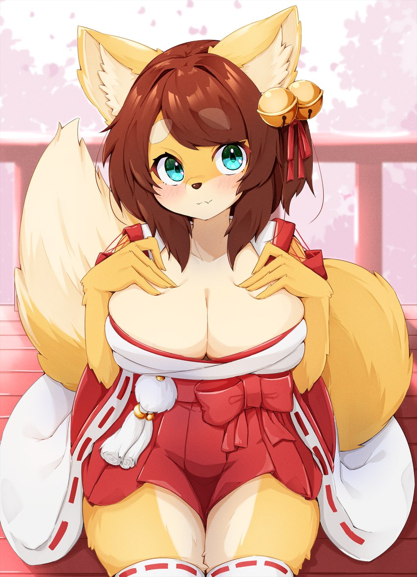 accessory anthro asian_clothing bell big_breasts blue_eyes blush bottomwear breasts brown_hair cherry_blossom clothed clothing curvy_figure dipstick_tail east_asian_clothing eyebrows female fingers flower fur hair hair_accessory hair_ribbon hakama japanese_clothing kemono legwear looking_at_viewer markings miko_outfit mouth_closed multicolored_body multicolored_fur multicolored_tail outside plant prunus_(flower) ribbons short_hair shrine_maiden solo stockings tail tail_markings thick_eyebrows thick_thighs topwear two_tone_body two_tone_fur voluptuous white_body white_fur white_tail_tip wide_hips yellow_body yellow_fur lulu_akituki hana_(keep0621) canid canine fox mammal 2024 absurd_res hi_res