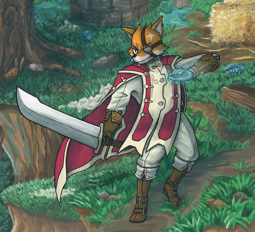 5_fingers anthro biped black_nose clothed clothing eye_patch eyewear fingers fully_clothed fur holding_melee_weapon holding_object holding_sword holding_weapon male melee_weapon orange_body orange_fur plant solo standing sword tree weapon sirrob stories:_the_path_of_destinies reynardo canid canine fox mammal red_fox true_fox 2017 full-length_portrait portrait