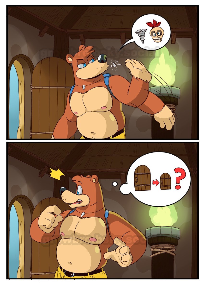 anthro backpack belly blue_eyes bottomwear brown_body brown_fur clothing fur jewelry male necklace nipples pecs shorts slightly_chubby eclipticafusion banjo-kazooie rareware banjo_(banjo-kazooie) bear mammal comic hi_res