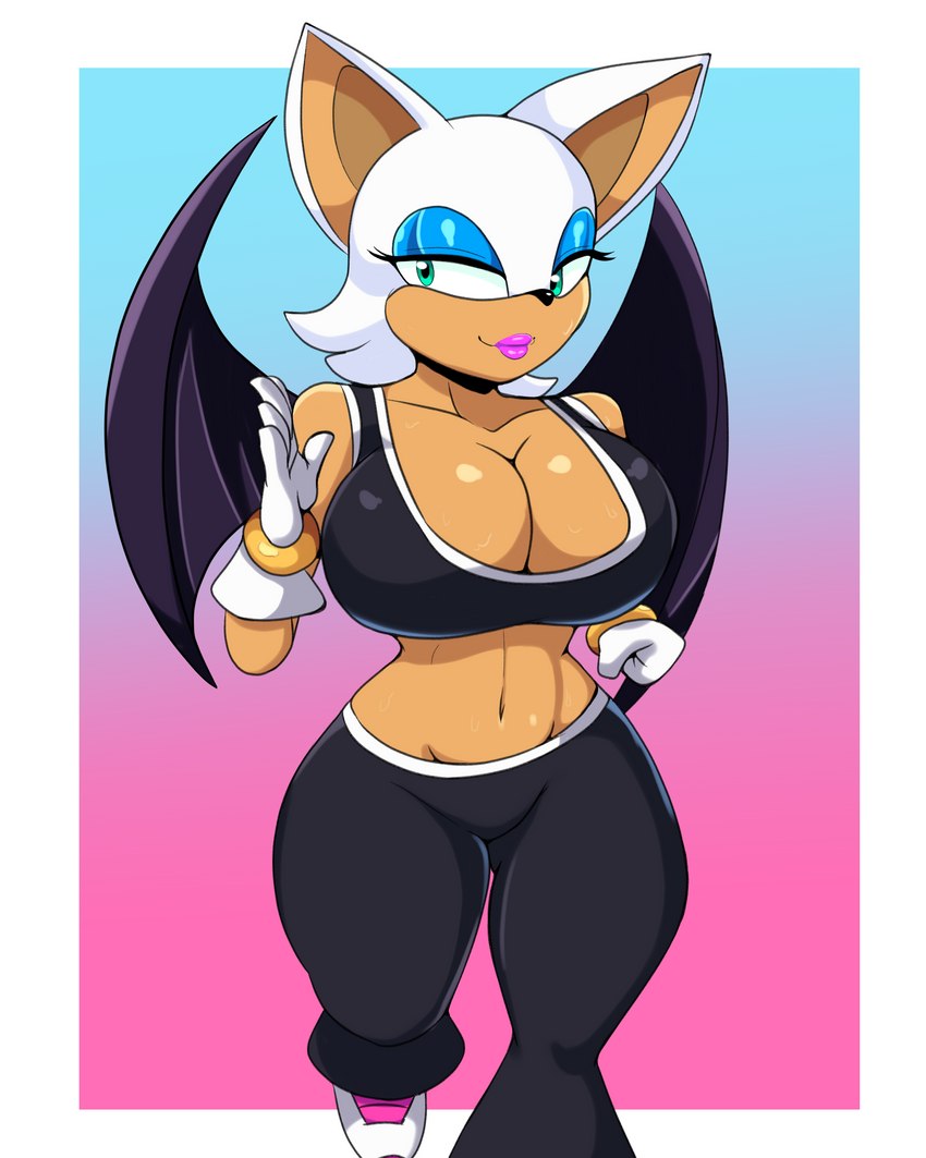 anthro big_breasts bottomwear bra breasts cleavage clothed clothing eyeshadow female gloves handwear jogging lipstick makeup midriff pants solo sports_bra underwear wings iggy_bomb sega sonic_the_hedgehog_(series) rouge_the_bat bat mammal 4:5 absurd_res hi_res