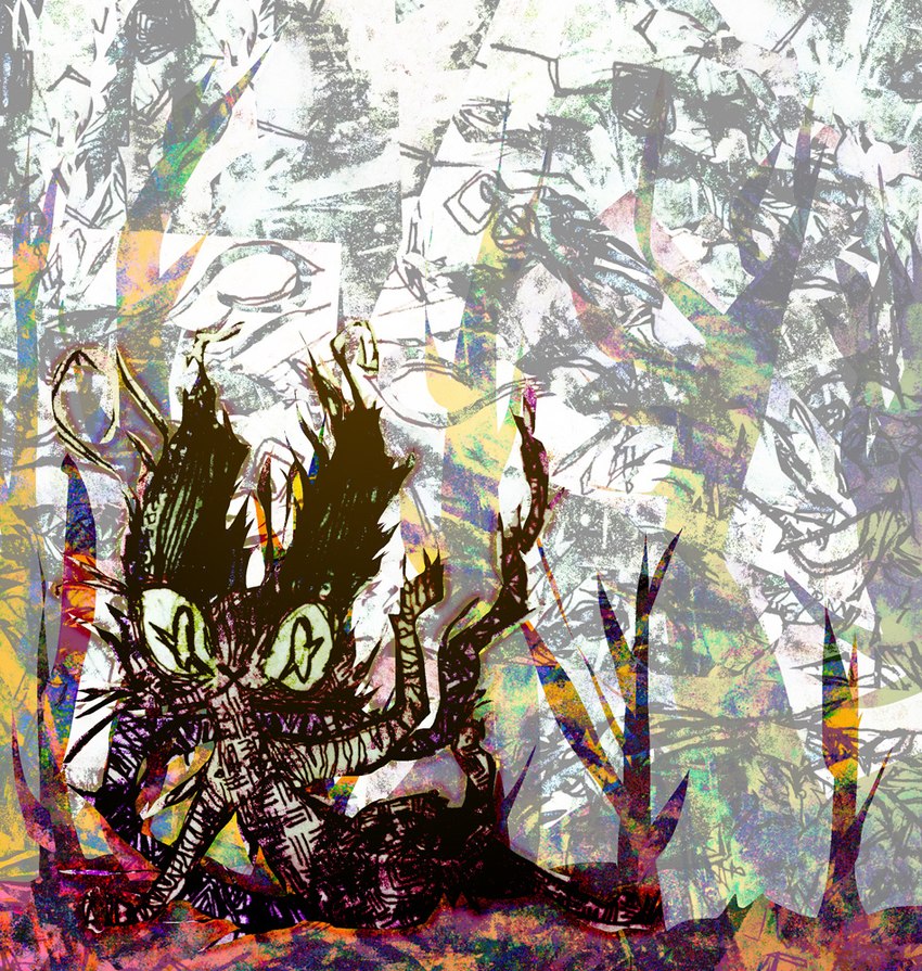 abstract_background ambiguous_gender anthro black_body black_fur fur green_sclera plant solo surrealism tree naircat domestic_cat felid feline felis mammal 2012 digital_drawing_(artwork) digital_media_(artwork)