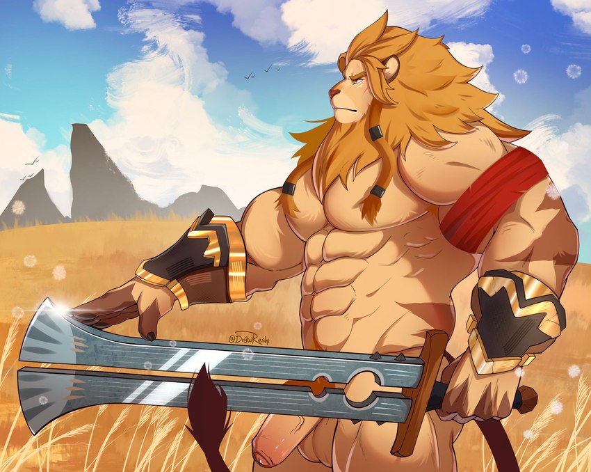 abs anthro armband armor armwear back_scar balls black_claws brown_body brown_fur brown_hair claws clothing detailed_background fur genitals grass_field hair long_tail male mane melee_weapon muscular muscular_anthro paddle_sword pecs penis scar solo standing sword tail tan_body tan_fur vein veiny_penis weapon drawreshi afk_arena afk_journey lilith_games brutus_(afk_arena) felid feline lion mammal pantherine hi_res