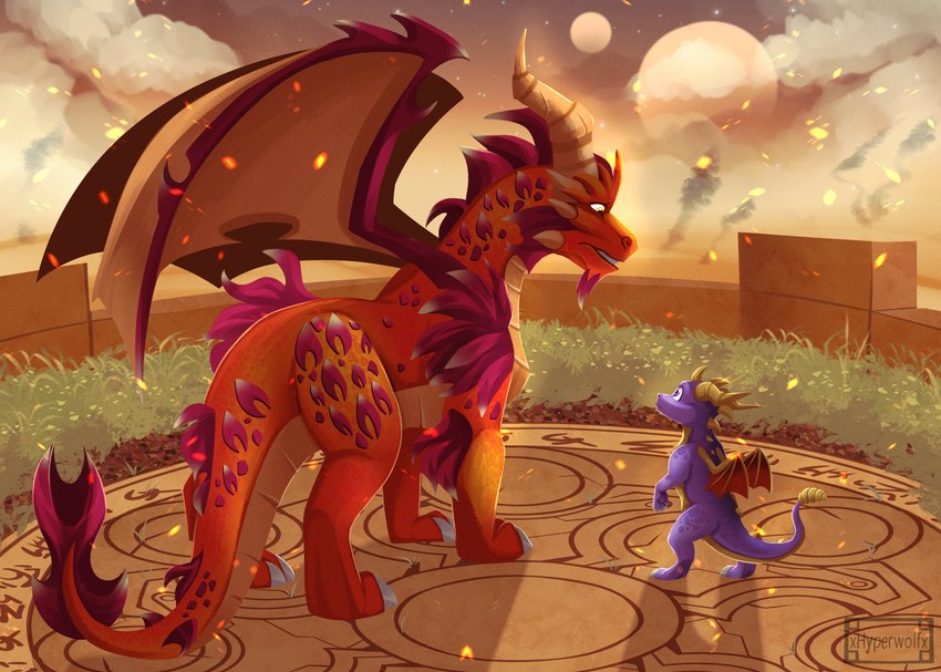 claws duo feral horn looking_at_another male membrane_(anatomy) membranous_wings orange_body orange_scales outside purple_body purple_eyes purple_scales quadruped scales size_difference standing sunset tail text toe_claws wings yellow_eyes xhyperwolfx activision european_mythology mythology spyro_the_dragon the_legend_of_spyro ignitus spyro dragon mythological_creature mythological_scalie scalie western_dragon 2021 absurd_res artist_name full-length_portrait hi_res portrait