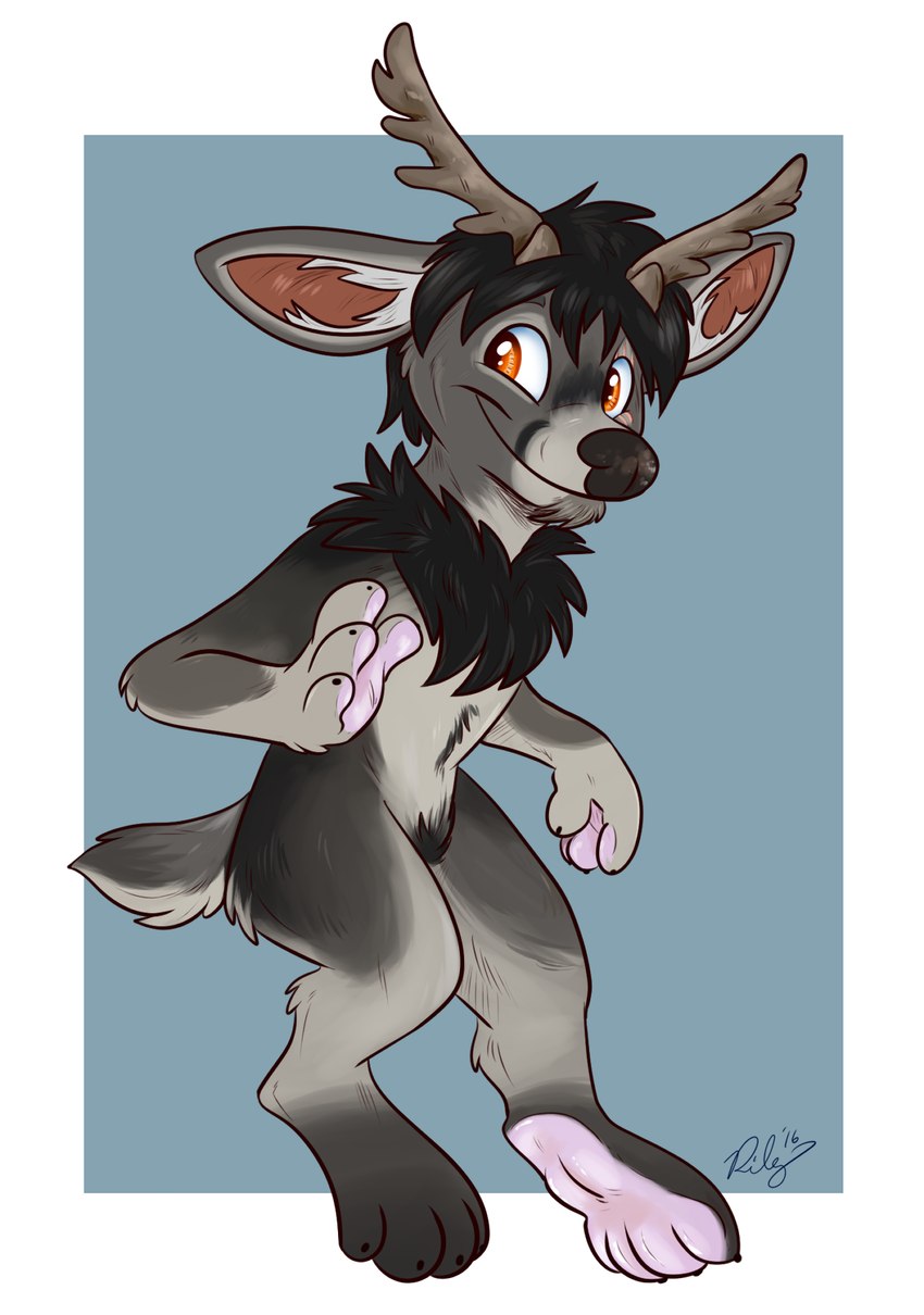 anthro antlers black_hair chibi eye_scar facial_scar full_pad fur gesture grey_body grey_fur hair hand_pawpads horn looking_at_viewer male neck_tuft nude orange_eyes paws safe_nudity scar solo tuft waving waywardmutt ra'deer cervine deer mammal 2016 hi_res portrait