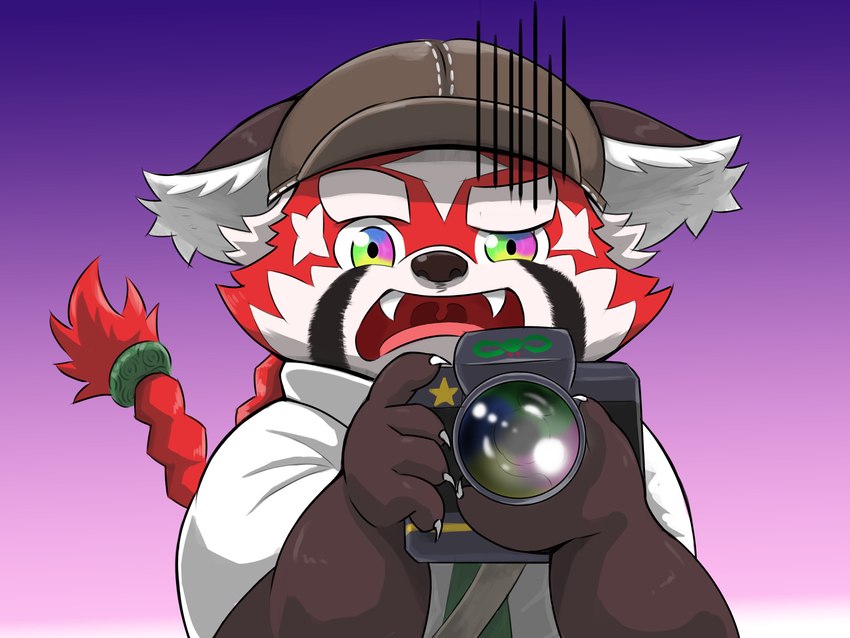 anthro biped braided_hair camera clothing hair hat headgear headwear male necktie red_body shirt solo topwear white_body young freakinglargeoof ikinarumi lifewonders tokyo_afterschool_summoners zhurong_(tas) ailurid mammal red_panda 2021 4:3 absurd_res hi_res