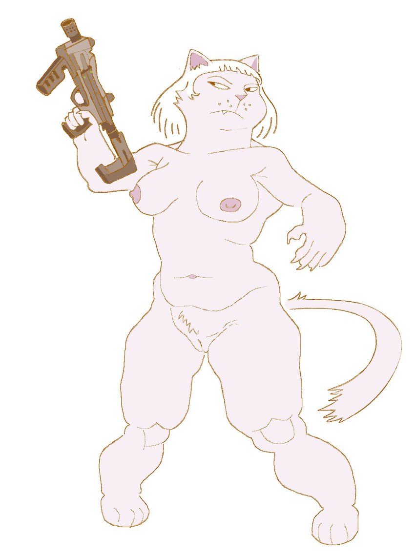 anthro areola bangs breasts claws female fur genitals gun hair holding_gun holding_object holding_ranged_weapon holding_weapon knock-kneed narrowed_eyes nipples nude paws pink_areola pink_body pink_fur pink_nipples pink_nose pubes pussy ranged_weapon simple_background slightly_chubby solo submachine_gun trigger_discipline weapon white_background white_hair niedopalek felid feline mammal digital_drawing_(artwork) digital_media_(artwork) hi_res