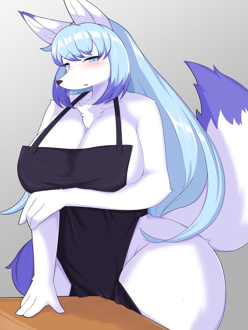 anthro apron apron_only big_breasts blue_eyes blue_hair bodily_fluids breasts chest_tuft clothing female female_anthro fur genital_fluids hair huge_breasts kemono long_hair mostly_nude multicolored_ears multicolored_hair multicolored_tail shy solo table_humping tail thick_thighs tuft vaginal_fluids white_body white_fur wide_hips takeshi_kemo lily_mari canid canine fox mammal 3:4 hi_res