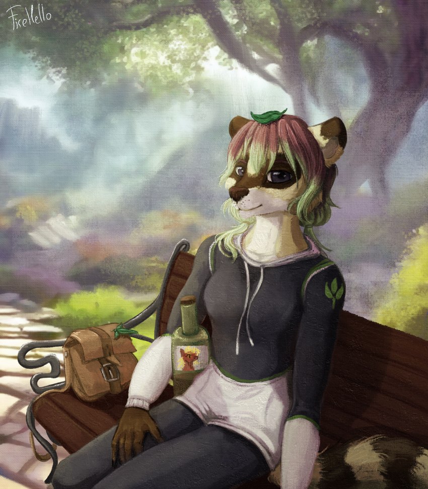 alcohol anthro bench beverage bottle bottomwear claws clothed clothing container etiquette female finger_claws handbag highlights_(coloring) label leaf liquor looking_at_viewer pants park_bench plant solo sweatpants sweatshirt tree fihell mammal procyonid raccoon digital_media_(artwork) digital_painting_(artwork) hi_res