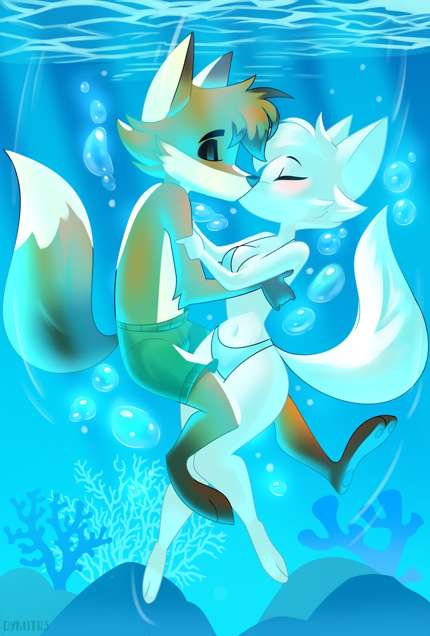 anthro bikini breasts bubble clothing duo eyes_closed female fully_submerged hug kissing love male male/female ocean_floor sea swimwear two-piece_swimsuit underwater water dymitr3 disney zootopia emily_(emily_rose) fairfax_(mario_toledo) fan_character arctic_fox canid canine fox mammal red_fox true_fox absurd_res hi_res