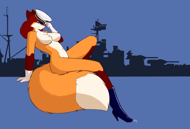 anthro battleship big_breasts boots breasts brown_body brown_fur brown_hair clothing female fluffy fluffy_tail footwear fur gloves hair handwear hat headgear headwear high_heeled_boots high_heels looking_at_viewer military_cap mostly_nude naturally_censored navy nipple_tuft orange_body orange_fur peaked_cap ship shoes silhouette smile solo tail tuft vehicle warship watercraft white_body white_fur starfighter u.s._navy canid canine fox mammal 2015