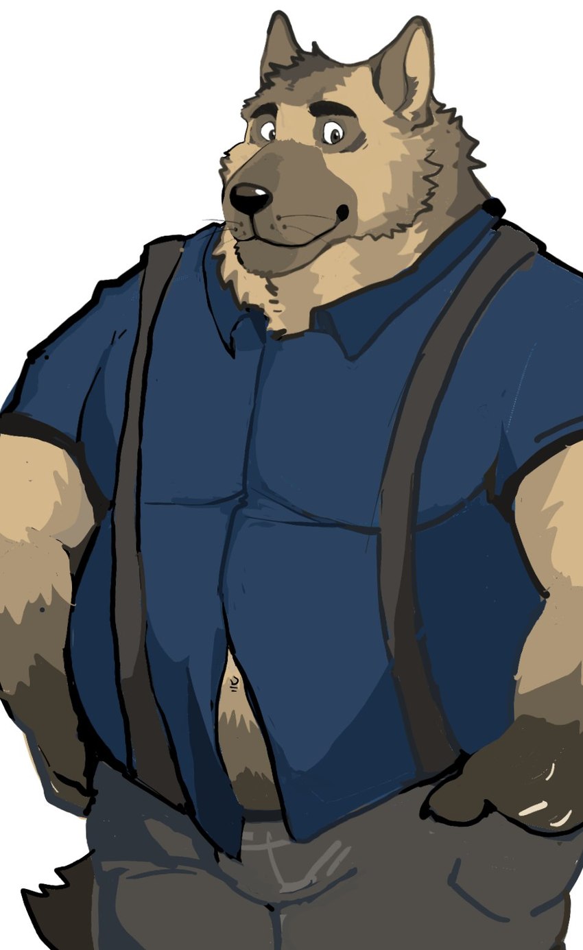 anthro belly black_nose bottomwear brown_body brown_fur clothing fur kemono male overweight overweight_male pants shirt simple_background solo suspenders topwear white_background fuddyblog canid canine canis domestic_dog mammal 2023 hi_res