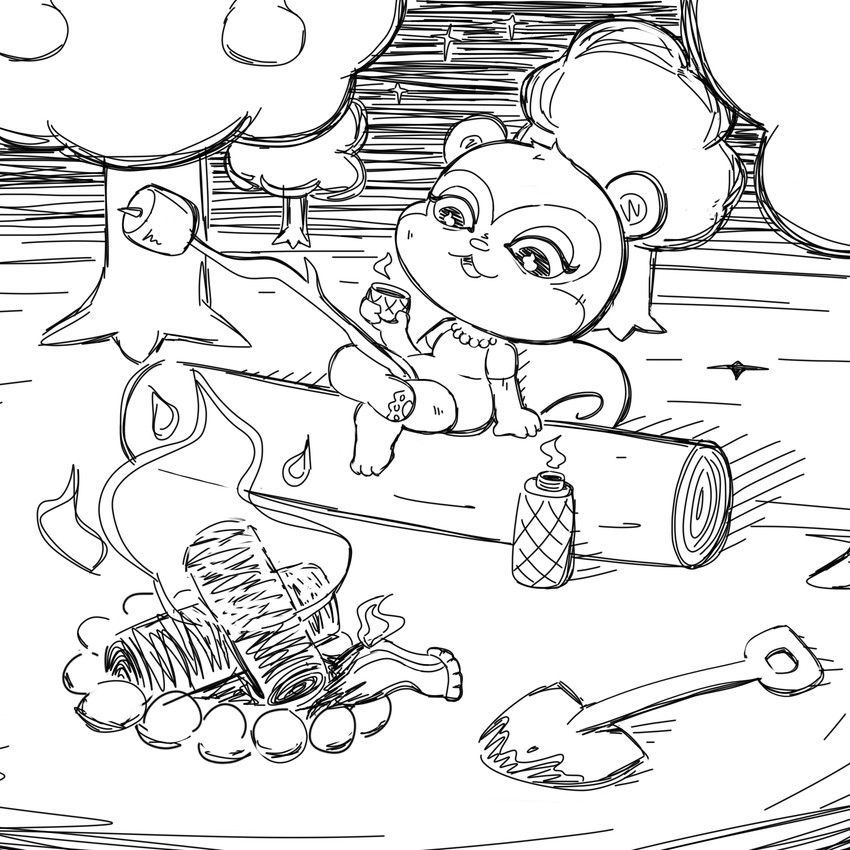 campfire camping candy dessert female food marshmallow night sitting solo thermos simski animal_crossing nintendo pecan_(animal_crossing) mammal rodent sciurid tree_squirrel 1:1 hi_res monochrome