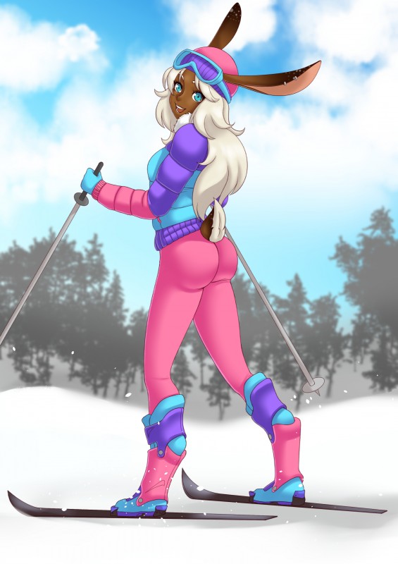 blue_eyes breasts butt clothed clothing cloud dark_body dark_skin day digitigrade ear_piercing eyebrows eyelashes eyewear female fluffy fluffy_tail goggles hair holding_object long_ears looking_at_viewer open_mouth open_smile outside piercing scut_tail short_tail ski ski_pole sky smile snow snowing solo tail white_eyebrows white_hair yasosume starayo ione_raevon animal_humanoid humanoid lagomorph lagomorph_humanoid leporid_humanoid mammal mammal_humanoid rabbit_humanoid 2018 absurd_res hi_res