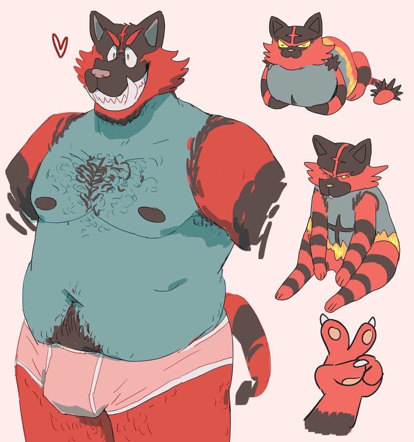 anthro belly body_hair chest_hair clothed clothing fur grin happy_trail heart_symbol male moobs nipples overweight overweight_anthro overweight_male pink_clothing pink_underwear red_body red_fur simple_background smile solo three-quarter_view underwear underwear_only chuchowriggle nintendo pokemon felid feline generation_7_pokemon incineroar mammal pokemon_(species) 2021 absurd_res digital_media_(artwork) hi_res