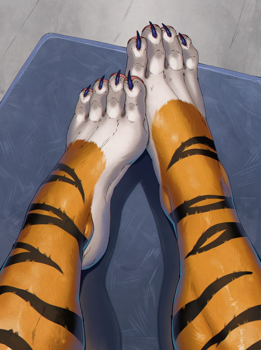 4_toes anthro barefoot black_stripes blue_claws claws countershade_feet countershading feet feet_together female floor foot_fetish foot_focus foot_shot fur orange_body orange_fur pawpads paws pink_pawpads plantigrade solo stripes toe_claws toes white_body white_fur yoga_mat kartobes stella_evans felid mammal pantherine tiger hi_res