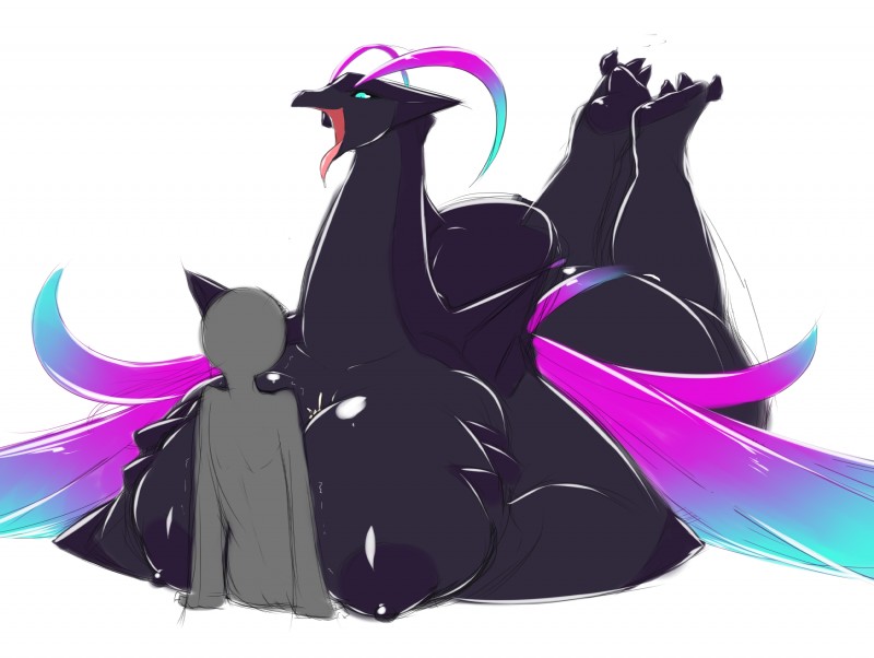 anthro big_breasts big_butt black_body black_nipples black_skin blue_eyes bodily_fluids breast_play breasts butt claws cum duo erect_nipples feet female genital_fluids holding_breast horn larger_female long_tongue magical_wings male nipples nude perpendicular_titfuck purple_wings regalia sex size_difference small_head smaller_male smile thick_thighs tiny_head titfuck tongue tongue_out wings averyshadydolphin mythology anon regalia_(averyshadydolphin) alien dragon human mammal mythological_creature mythological_scalie scalie big_body 2016 digital_media_(artwork) hi_res