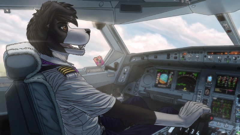 aircraft airplane anthro aviation biped black_body black_fur black_nose bottomwear brown_eyes captain chair clothed clothing cloud cockpit day detailed_background eyebrows flying fur furniture hair inside_airplane male multicolored_body multicolored_fur necktie open_mouth pants pilot seat shirt sitting sky smile solo teeth tongue topwear two_tone_body two_tone_fur uniform vehicle white_body white_fur window fighterjet airbus airbus_a340 border_collie canid canine canis collie domestic_dog herding_dog mammal pastoral_dog sheepdog 16:9 2017 digital_media_(artwork) widescreen