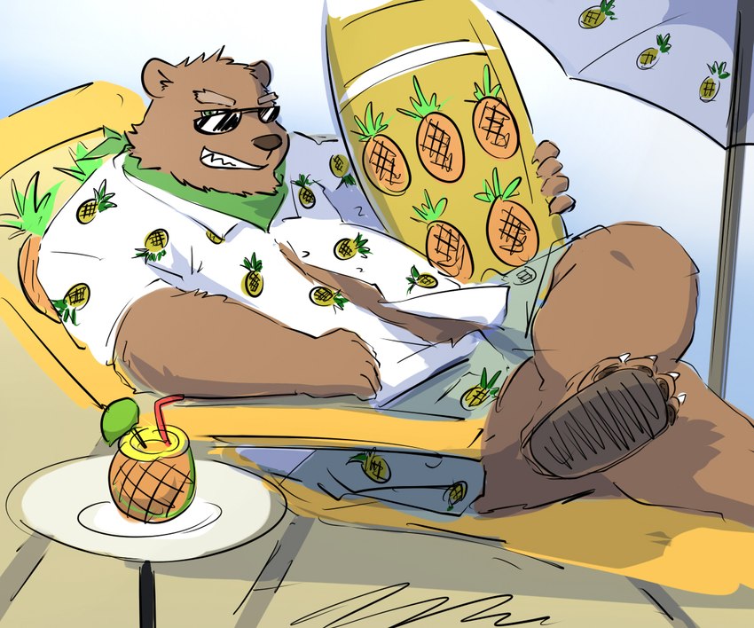 anthro belly big_belly bottomwear brown_body brown_nose clothing eyewear food fruit kemono male overweight overweight_male pineapple plant shirt shorts sitting solo sunglasses surfboard topwear mtflying30371 bear mammal 2017 6:5