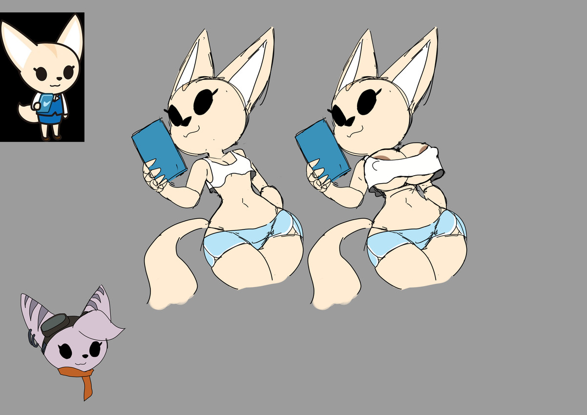 anthro areola areola_slip big_breasts black_eyes black_eyewear black_goggles black_nose blue_bottomwear blue_clothing blue_shorts bottomwear breasts brown_areola cleavage closed_smile clothed clothed_anthro clothed_female clothing cropped_tank_top dolphin_shorts ear_piercing ear_ring empty_eyes eyelashes eyewear eyewear_on_head female female_anthro fur goggles goggles_on_head grey_background holding_tablet hotpants lying midriff mouth_closed multicolored_bottomwear multicolored_clothing multicolored_shorts navel nipple_outline no_bra on_back orange_scarf piercing pointy_ears prick_ears purple_body purple_fur ring_piercing scarf shirt shorts simple_background small_breasts smile solo tablet tail tan_body tan_ears tan_fur tan_tail tank_top topwear two_tone_bottomwear two_tone_clothing two_tone_shorts under_boob white_bottomwear white_clothing white_inner_ear white_shirt white_shorts white_tank_top white_topwear wide_hips wayesh aggretsuko ratchet_and_clank sanrio sony_corporation sony_interactive_entertainment fenneko rivet_(ratchet_and_clank) canid canine fennec_fox fox lombax mammal true_fox absurd_res hi_res multiple_images reference_image